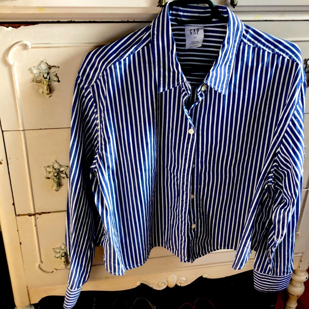 Gap cropped striped dress shirt blue and white L